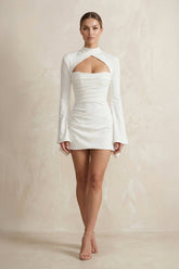 High-Neck Sheath Keyhole Satin Long Sleeves Wedding Dress in White