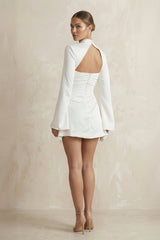 High-Neck Sheath Keyhole Satin Long Sleeves Wedding Dress in White