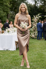 High Neck Sheath Ruched Bridesmaid Dress With Bow in Almond