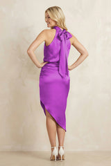 High Neck Sheath Ruched Bridesmaid Dress With Bow in Amethyst