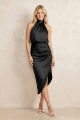 High Neck Sheath Ruched Bridesmaid Dress With Bow in Black