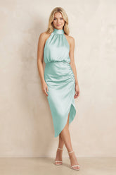 High Neck Sheath Ruched Bridesmaid Dress With Bow in Bleached Aqua