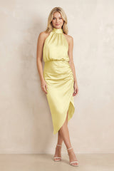 High Neck Sheath Ruched Bridesmaid Dress With Bow in Buttercup