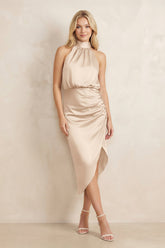 High Neck Sheath Ruched Bridesmaid Dress With Bow in Champagne