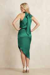 High Neck Sheath Ruched Bridesmaid Dress With Bow in Dark Green