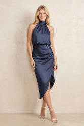 High Neck Sheath Ruched Bridesmaid Dress With Bow in Dark Navy
