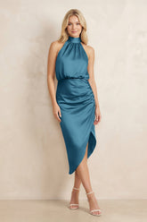 High Neck Sheath Ruched Bridesmaid Dress With Bow in Dark Teal