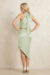 High Neck Sheath Ruched Bridesmaid Dress With Bow in Dusty Sage