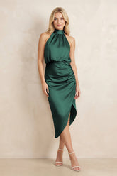 High Neck Sheath Ruched Bridesmaid Dress With Bow in Emerald