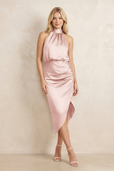 High Neck Sheath Ruched Bridesmaid Dress With Bow in English Rose