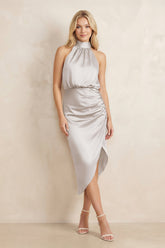 High Neck Sheath Ruched Bridesmaid Dress With Bow in Frost