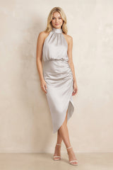 High Neck Sheath Ruched Bridesmaid Dress With Bow in Frost
