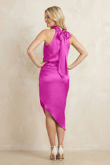 High Neck Sheath Ruched Bridesmaid Dress With Bow in Fuchsia