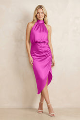 High Neck Sheath Ruched Bridesmaid Dress With Bow in Fuchsia