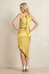 High Neck Sheath Ruched Bridesmaid Dress With Bow in Gold