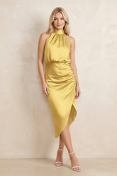 High Neck Sheath Ruched Bridesmaid Dress With Bow in Gold
