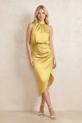 High Neck Sheath Ruched Bridesmaid Dress With Bow in Gold