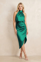High Neck Sheath Ruched Bridesmaid Dress With Bow in Green