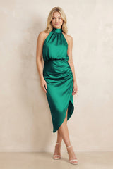 High Neck Sheath Ruched Bridesmaid Dress With Bow in Green