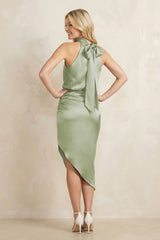 High Neck Sheath Ruched Bridesmaid Dress With Bow in Matcha