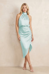 High Neck Sheath Ruched Bridesmaid Dress With Bow in Mist