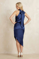 High Neck Sheath Ruched Bridesmaid Dress With Bow in Navy