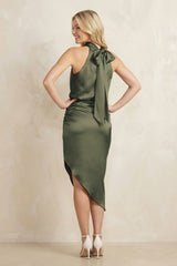 High Neck Sheath Ruched Bridesmaid Dress With Bow in Olive