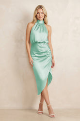 High Neck Sheath Ruched Bridesmaid Dress With Bow in Pale Pistachio