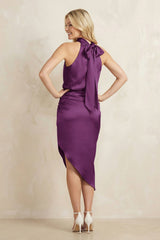 High Neck Sheath Ruched Bridesmaid Dress With Bow in Plum
