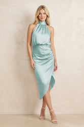 High Neck Sheath Ruched Bridesmaid Dress With Bow in Sage