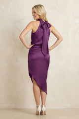 High Neck Sheath Ruched Bridesmaid Dress With Bow in Sangria