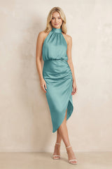 High Neck Sheath Ruched Bridesmaid Dress With Bow in Sea Glass