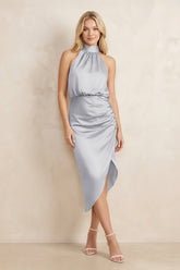 High Neck Sheath Ruched Bridesmaid Dress With Bow in Silver