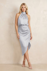 High Neck Sheath Ruched Bridesmaid Dress With Bow in Silver