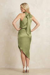 High Neck Sheath Ruched Bridesmaid Dress With Bow in Thyme