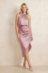 High Neck Sheath Ruched Bridesmaid Dress With Bow in Toffee