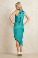 High Neck Sheath Ruched Bridesmaid Dress With Bow in Turquoise