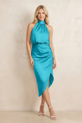 High Neck Sheath Ruched Bridesmaid Dress With Bow in Viridian Green