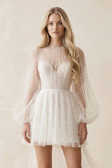 Illusion A-Line Long Sleeves Mini Wedding Dress With Beaded in White