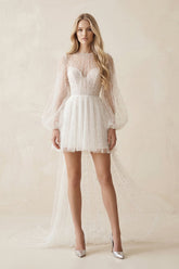 Illusion A-Line Long Sleeves Mini Wedding Dress With Beaded in White
