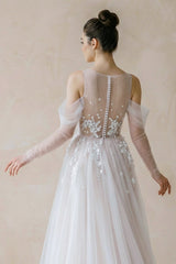 Illusion Long Sleeve A-Line Tulle Wedding Dress