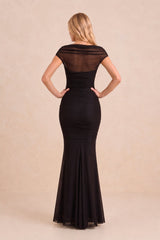 Illusion Mermaid Stretch Mesh Maxi Dress with Cap Sleeves in Black