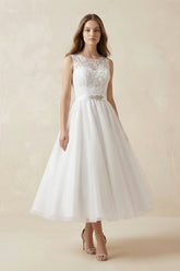 Illusion Neck A-Line Tulle Appliqued Midi Wedding Dress With Bow in White