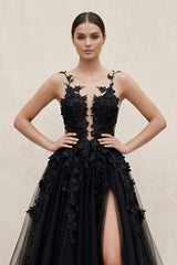 Illusion Neck A-Line Tulle Appliqued Wedding Dress in Black