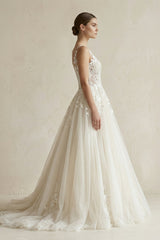Illusion Neck Appliqued Tulle Wedding Gown in White