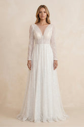 Illusion Neck Sequined A-Line Wedding Dress With Long Sleeves in Ivory