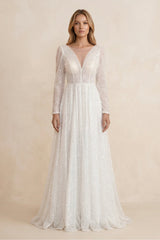 Illusion Neck Sequined A-Line Wedding Dress With Long Sleeves in Ivory