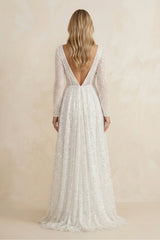 Illusion Neck Sequined A-Line Wedding Dress With Long Sleeves in Ivory