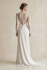 Illusion Neck Sheath Satin Appliqued Wedding Dress in White