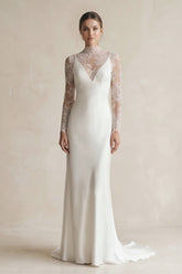 Illusion Neck Sheath Satin Appliqued Wedding Dress in White